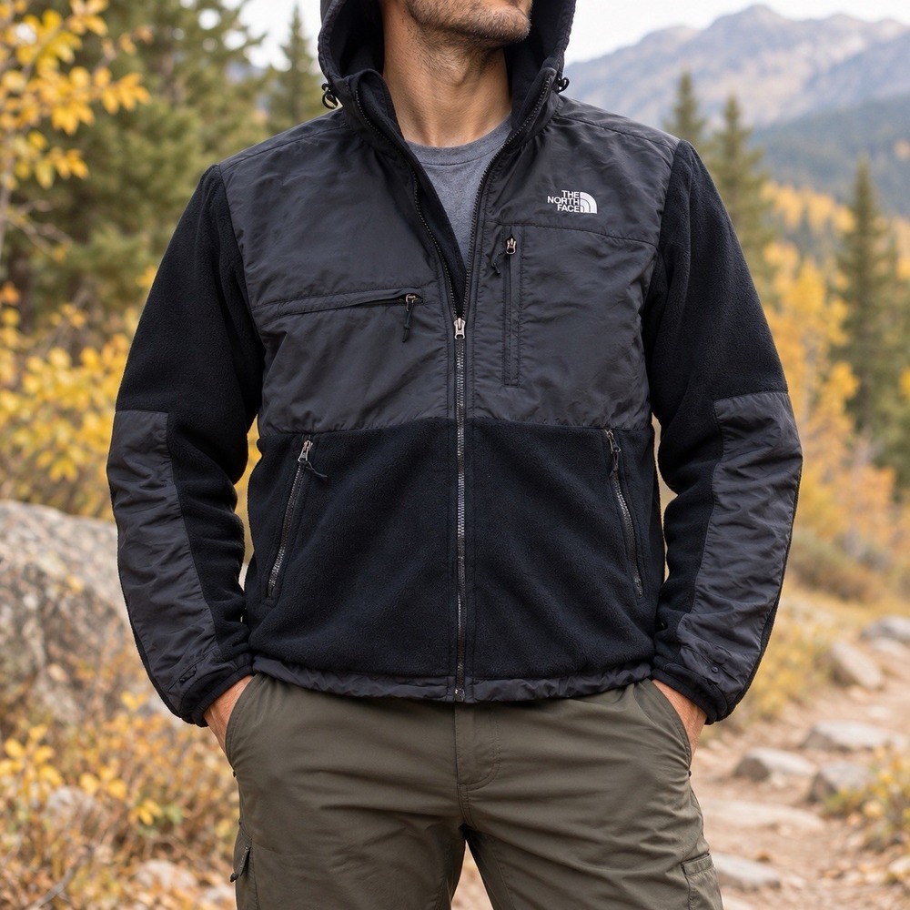 The North Face Mens M Hooded Denali Fleece Jacket Black Full Zip Outdoor